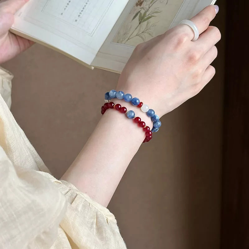 Agata rossa bordeaux e lapislazzuli Bracciale con perline – Stile tradizionale cinese per donna