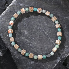 Bracelet en météorite de fer, amazonite carrée et pierre impériale blanche – Style minimaliste et symbolique pour homme (4 mm)