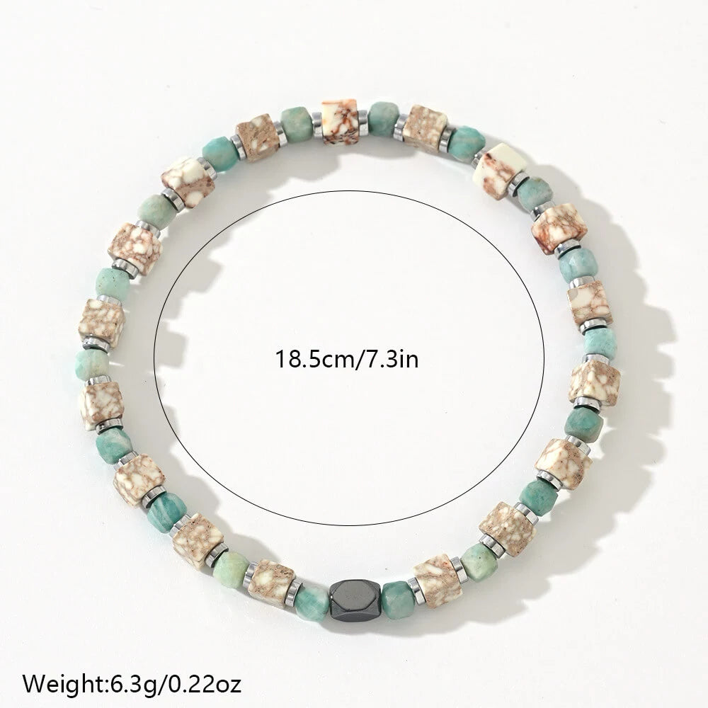 Bracelet en météorite de fer, amazonite carrée et pierre impériale blanche – Style minimaliste et symbolique pour homme (4 mm)