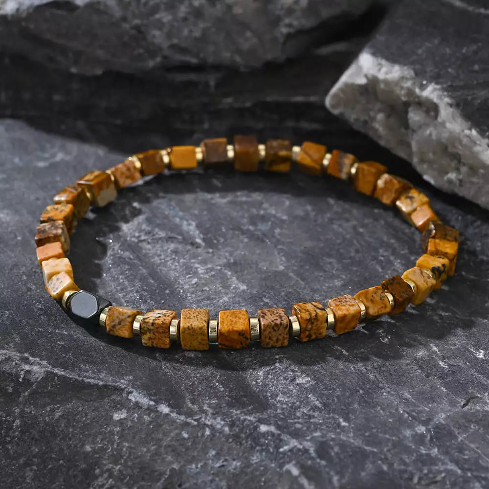 Picture Jasper & Iron Meteorite Bracelet – Symbolic Gemstone Jewelry for Men (4mm)