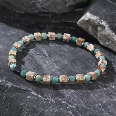 Bracelet en météorite de fer, amazonite carrée et pierre impériale blanche – Style minimaliste et symbolique pour homme (4 mm)
